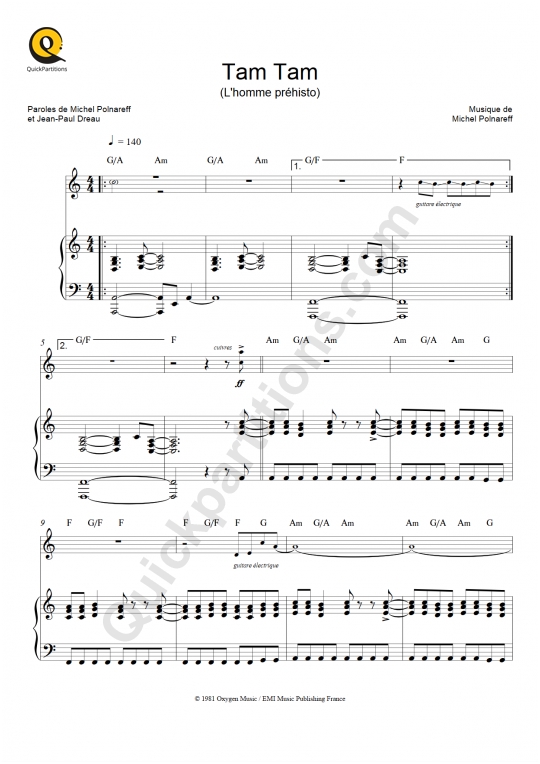 Partition piano Tam Tam (L'homme préhisto) de Michel Polnareff