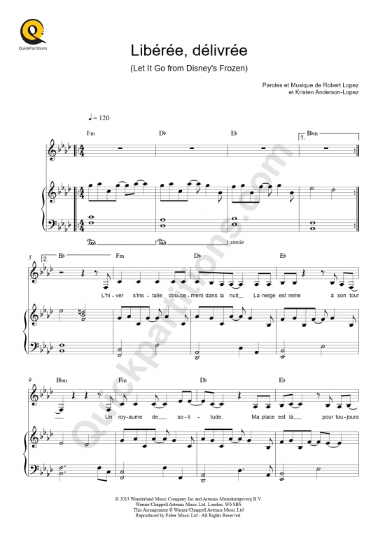 Libérée, Délivrée (Let It Go) Piano Sheet Music - La Reine des neiges