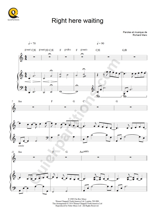 Partition piano Right Here Waiting - Richard Marx