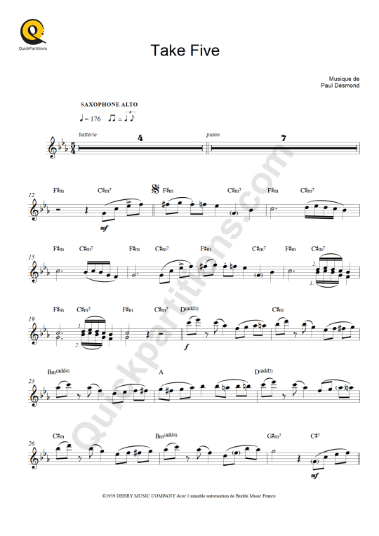 Partition saxophone alto Take Five - Dave Brubeck (Partition Digitale)