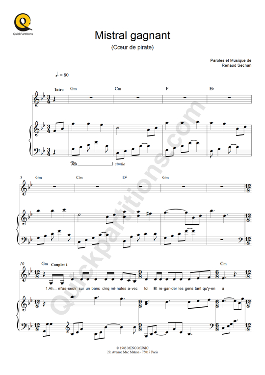 Mistral Gagnant Piano Sheet Music - Coeur de pirate
