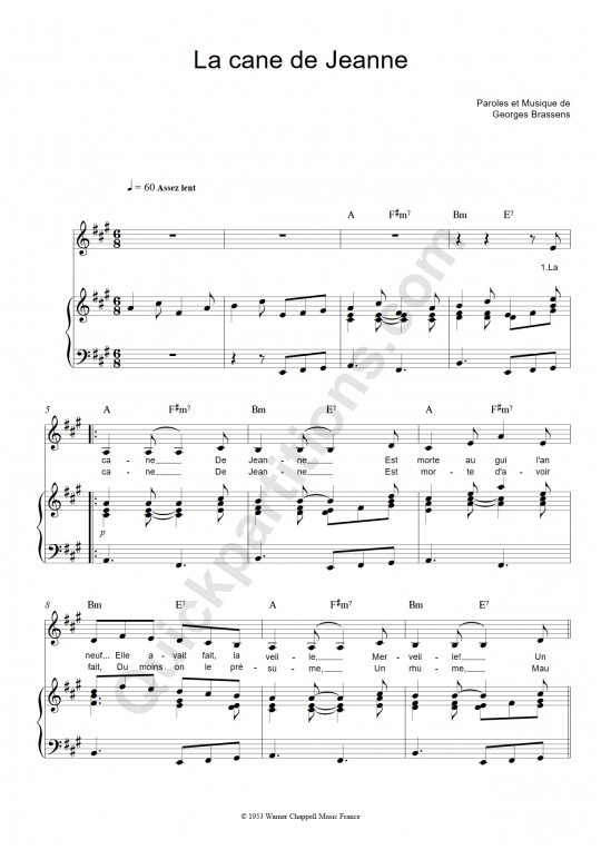 La cane de Jeanne Piano Sheet Music - Georges Brassens