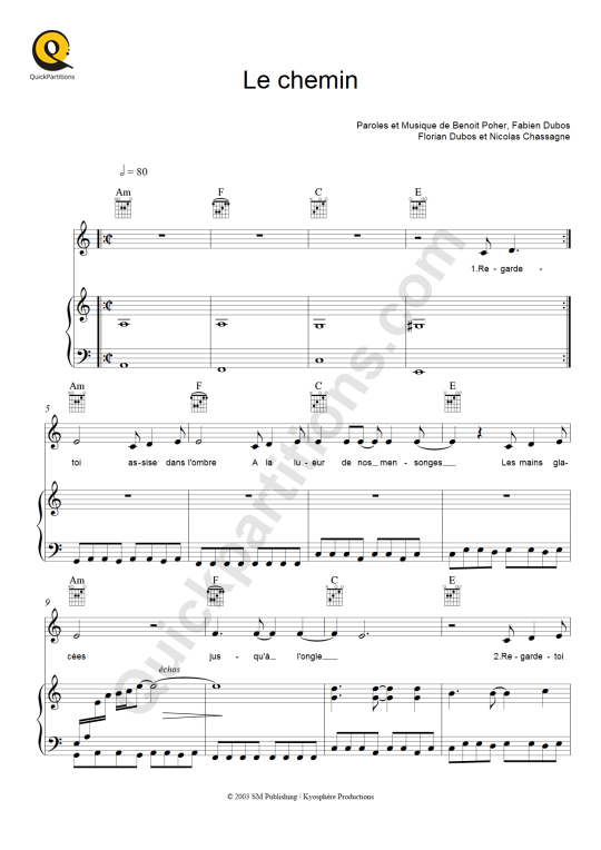 Le chemin Piano Sheet Music - Kyo