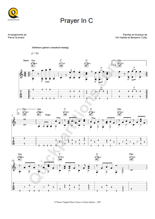 Tablature Guitare Prayer in C - Lilly Wood and The Prick