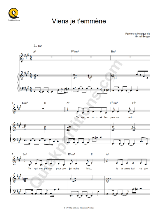 Viens je t'emmène Piano Sheet Music - France Gall