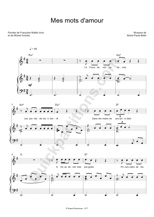 Mes mots d'amour Piano Sheet Music - Marie-Paule Belle
