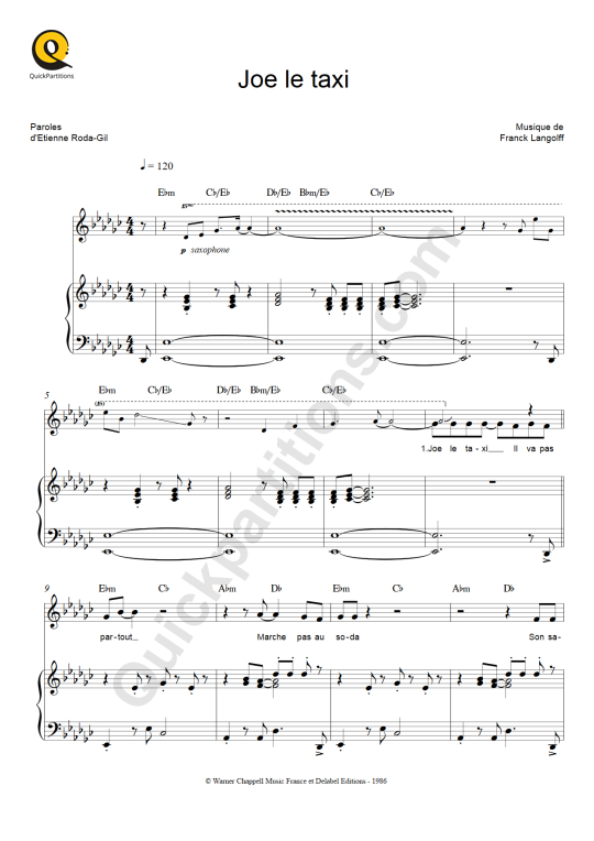 Joe le taxi Piano Sheet Music - Vanessa Paradis