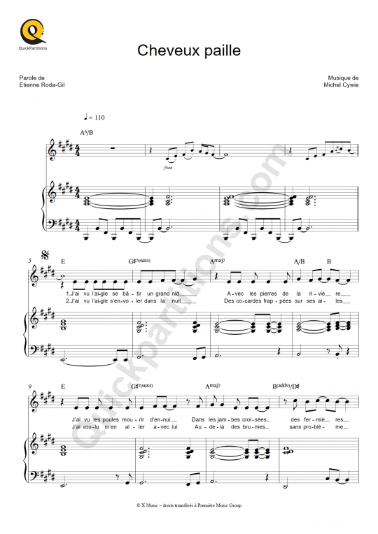 Cheveux paille Piano Sheet Music - Gérard Lenorman