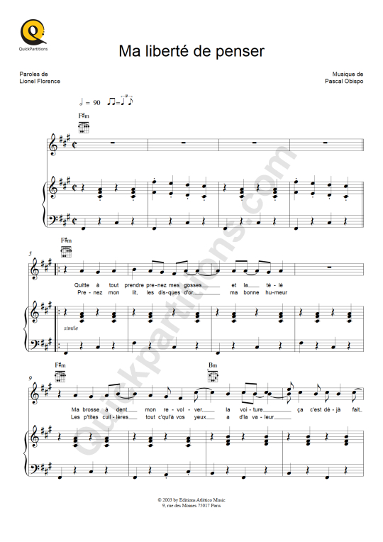 Partition piano Ma liberté de penser - Florent Pagny