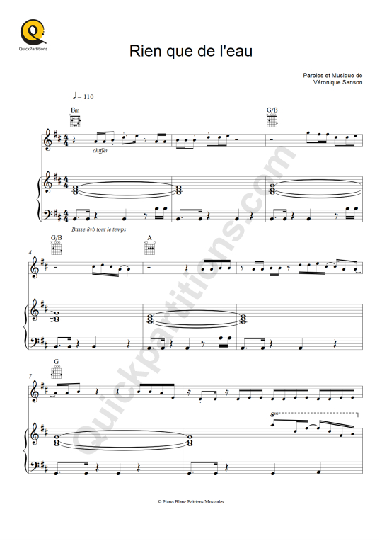 Partition piano Rien que de l'eau - Véronique Sanson