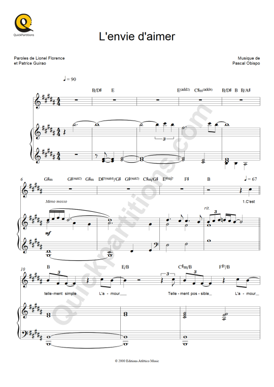 L'envie d'aimer Piano Sheet Music - Les Dix Commandements