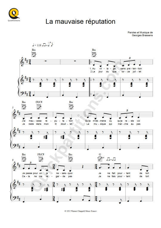 La mauvaise réputation Piano Sheet Music - Georges Brassens