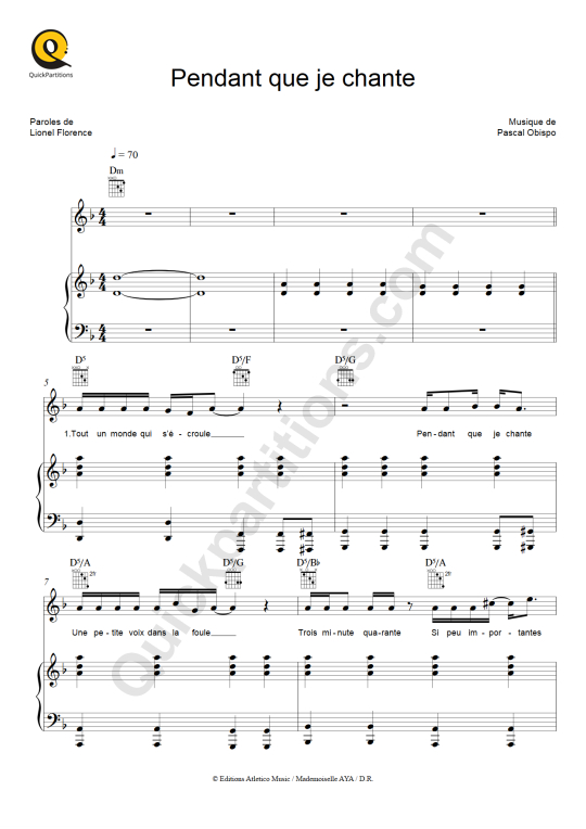 Pendant que je chante Piano Sheet Music - Pascal Obispo