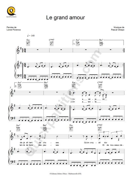 Partition piano Le grand amour - Pascal Obispo