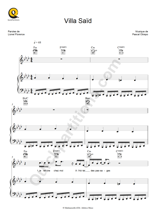 Villa Saïd Piano Sheet Music - Pascal Obispo
