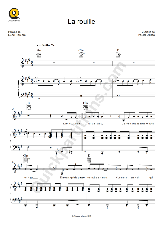 La rouille Piano Sheet Music - Pascal Obispo