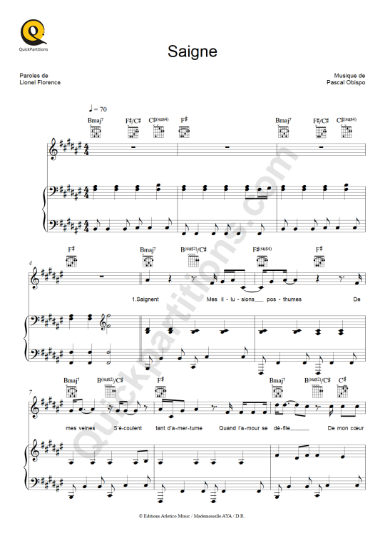 Saigne Piano Sheet Music - Pascal Obispo