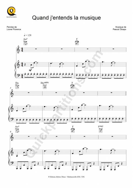 Partition piano Quand j'entends la musique - Pascal Obispo