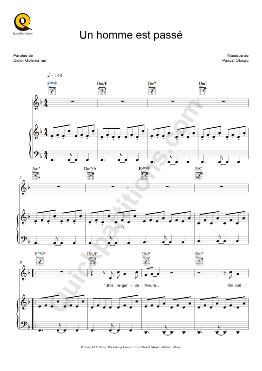 Partition piano Un Homme est passé - Pascal Obispo