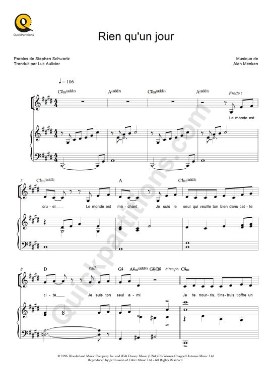 Rien qu'un jour Piano Sheet Music - Le Bossu de Notre-Dame