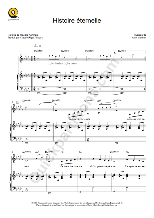 Histoire éternelle Piano Sheet Music - La belle et la bête