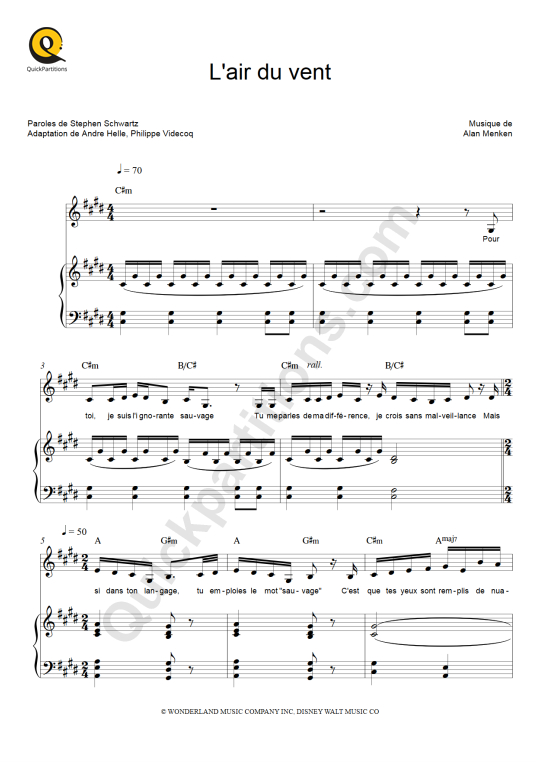 L'air du vent Piano Sheet Music - Pocahontas