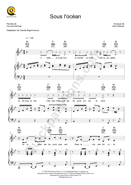 Sous l'océan Piano Sheet Music - La petite sirène