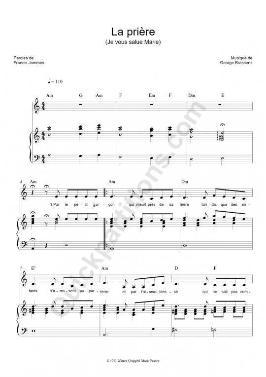 Partition piano La prière - Georges Brassens