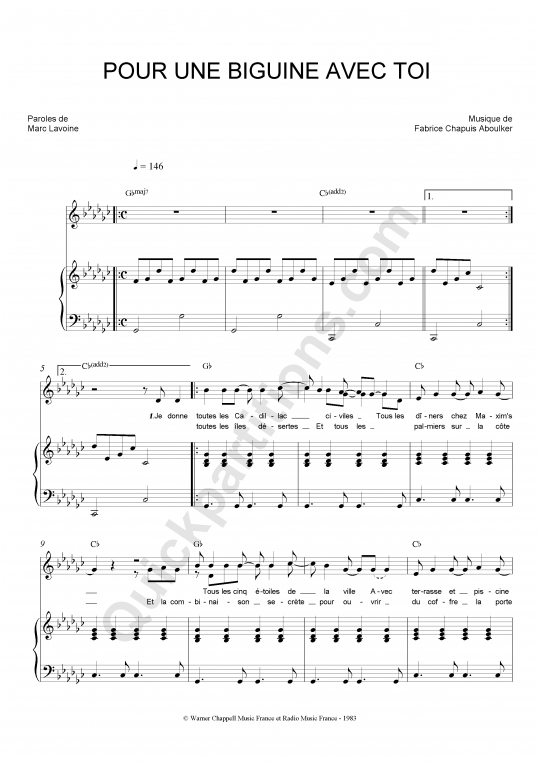 Pour une biguine avec toi Piano Sheet Music - Marc Lavoine