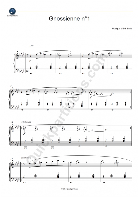 Partition piano Gnossienne N°1 - Erik Satie