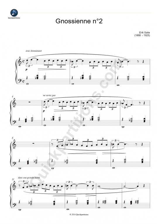 Partition piano Gnossienne N°2 - Erik Satie (Partition Digitale)