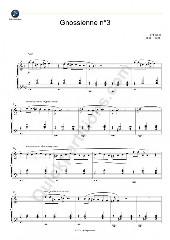 Partition piano Gnossienne N°3 - Erik Satie