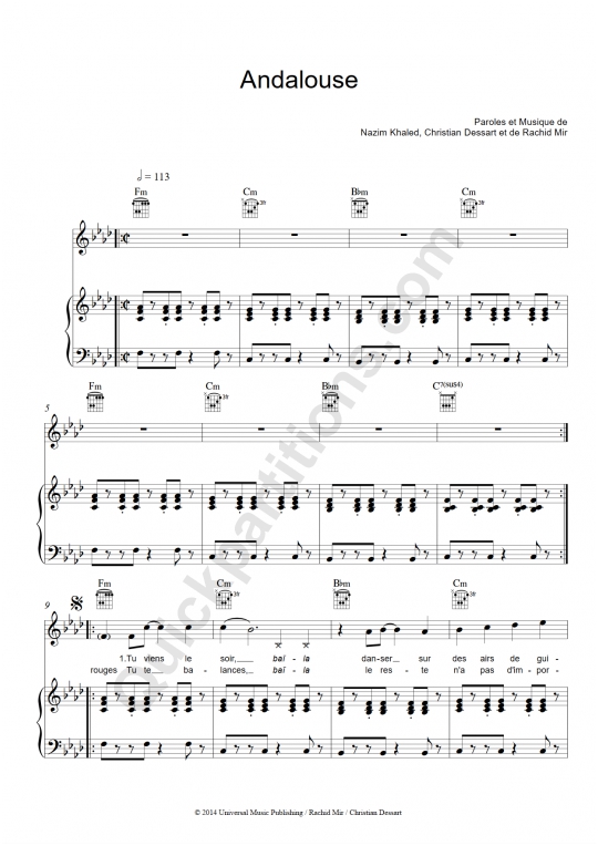 Partition piano Andalouse de Kendji Girac