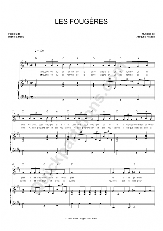 Partition piano Les Fougères de Michel Sardou