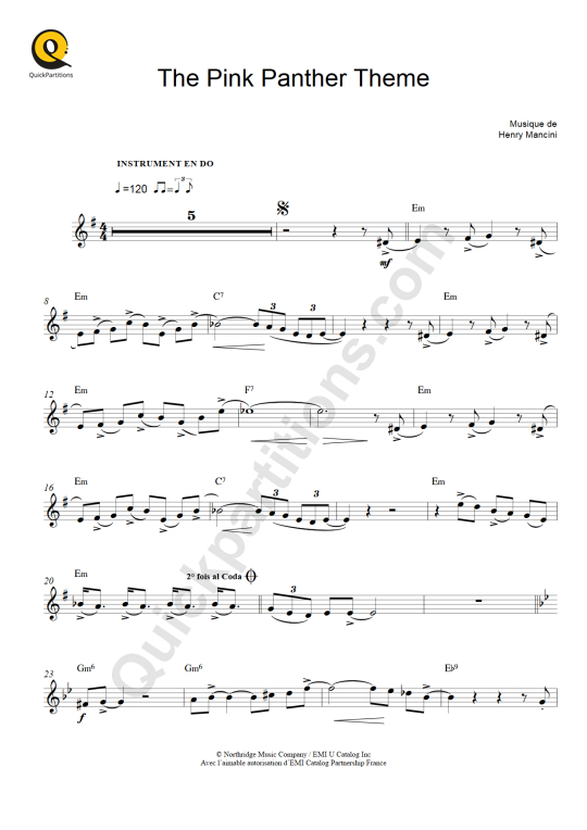 La Panthère Rose (The Pink Panther Theme) Leadsheet Sheet Music - Henry Mancini