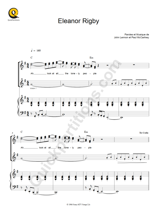 Partition piano Eleanor Rigby - The Beatles