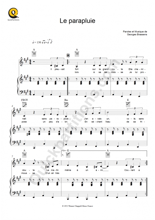 Partition piano Le parapluie - Georges Brassens