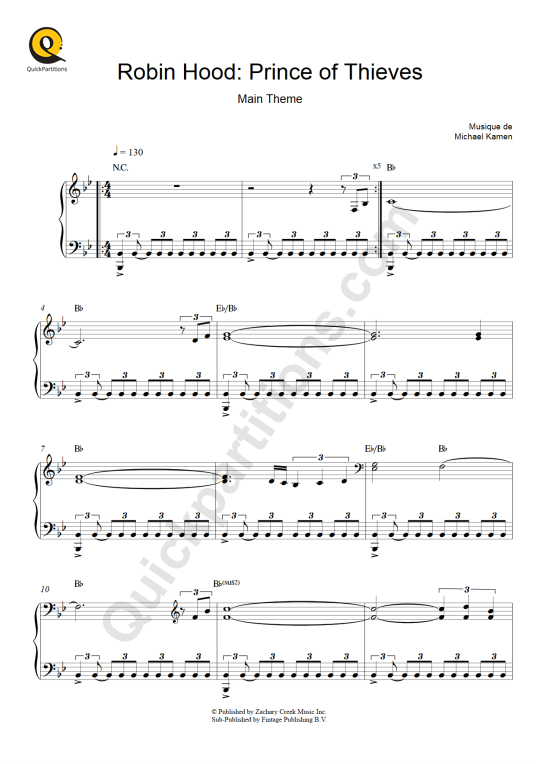 Robin des Bois, prince des voleurs Piano Sheet Music - Michael Kamen