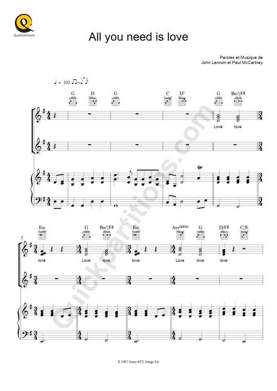 All You Need Is Love Piano Sheet Music - The Beatles