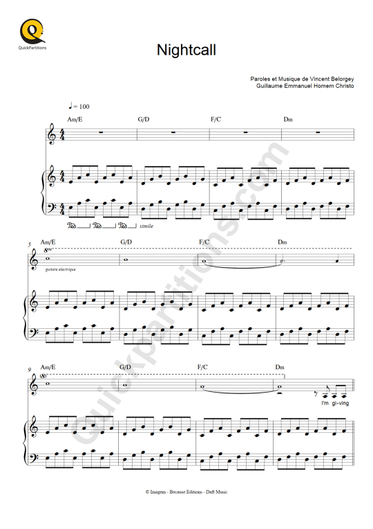 Nightcall sheet music for voice, piano or guitar (PDF)