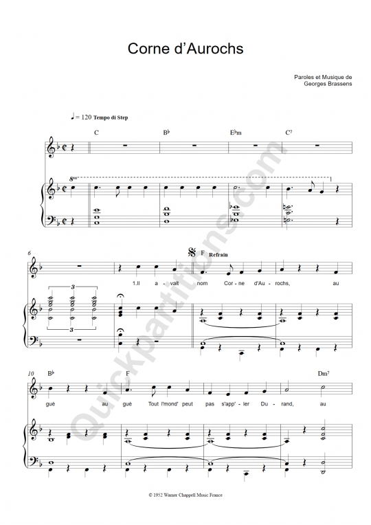 Partition piano Corne d'Aurochs - Georges Brassens