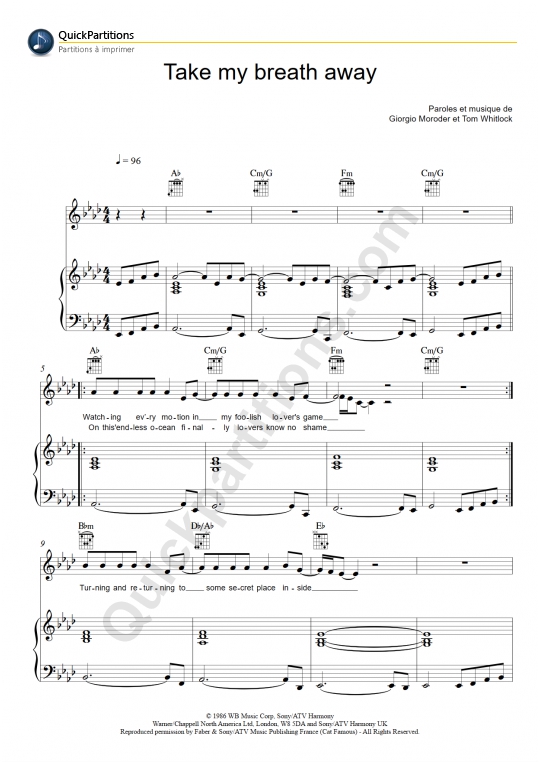Take My Breath Away (Top Gun) Piano Sheet Music - Berlin