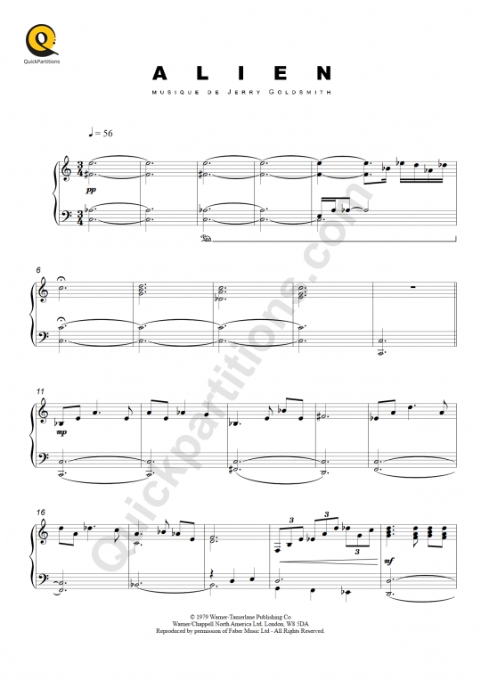 Partition piano Alien - Jerry Goldsmith