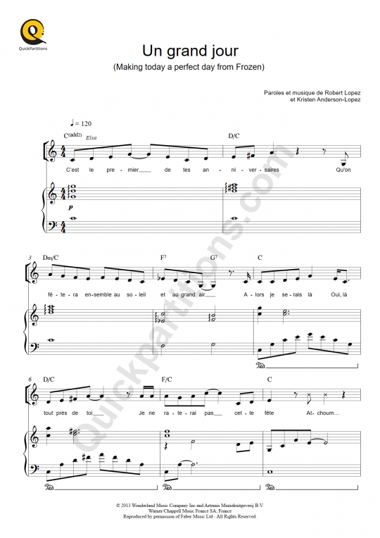 Un grand jour Piano Sheet Music from La Reine des neiges