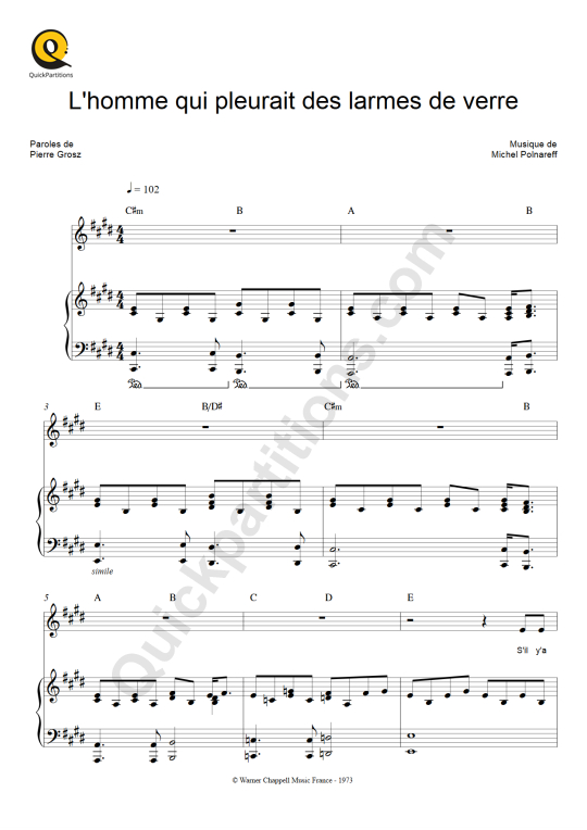 L'homme qui pleurait des larmes de verre Piano Sheet Music - Michel Polnareff
