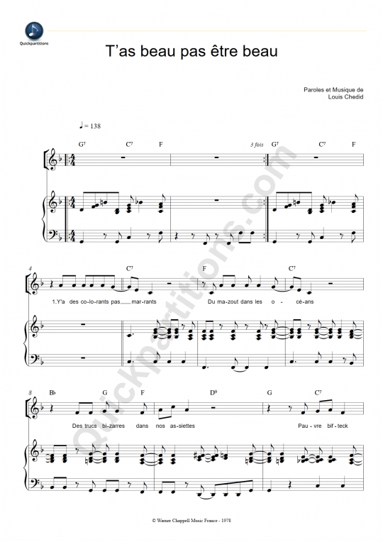 T'as beau pas être beau Piano Sheet Music - Louis Chedid