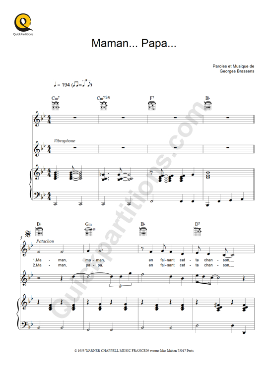 Partition piano Maman Papa - Georges Brassens