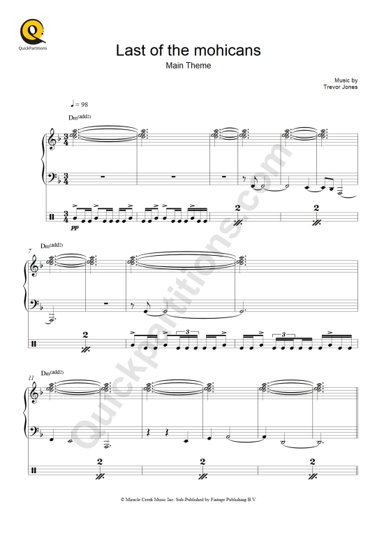 Le dernier des mohicans Piano Sheet Music - Trevor Jones