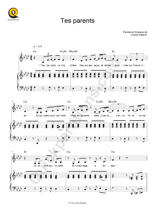 Tes parents Piano Sheet Music - Vincent Delerm