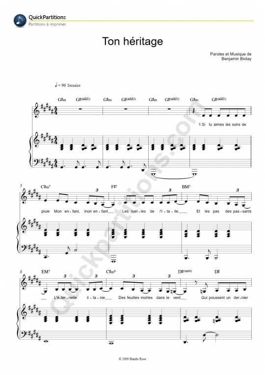 Partition piano Ton héritage - Benjamin Biolay